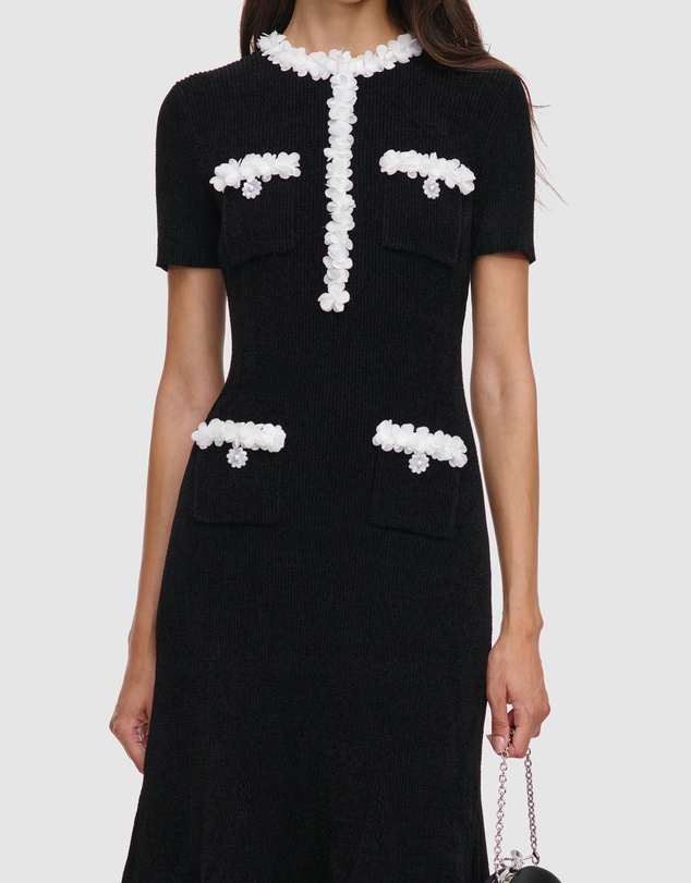 Self Portrait - Chenille Knit Flower Trim Midi Dress