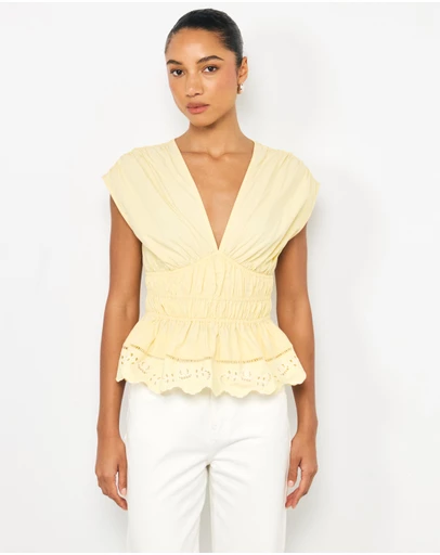 AERE - Bonnie Ruched Lace Peplum Top