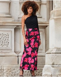 Sosandar - Floral Print Ruched Detail Satin Maxi Skirt