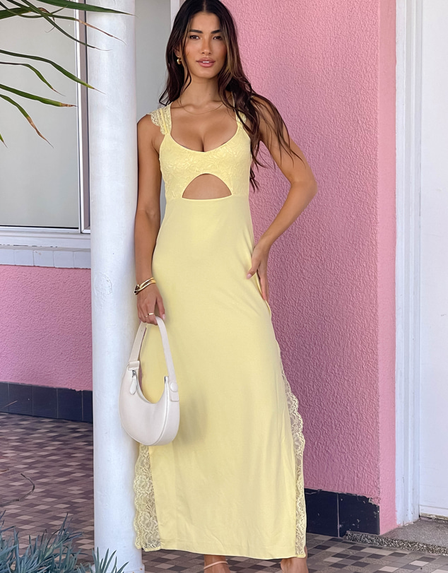 Beginning Boutique - Tiana Yellow Lace Maxi Dress