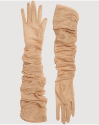 High Heel Jungle - Ariana Ruched Mesh Opera Glove - Tan