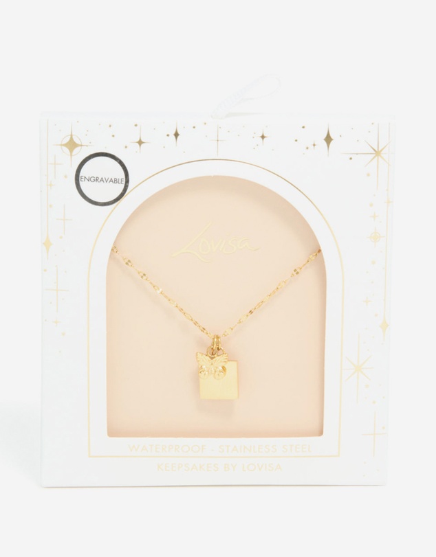 Lovisa - Waterproof Gold Plated Stainless Steel Square & Butterfly Pendant Necklace