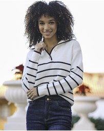 Sosandar - Stripe Gold Button Detail Collared Jumper