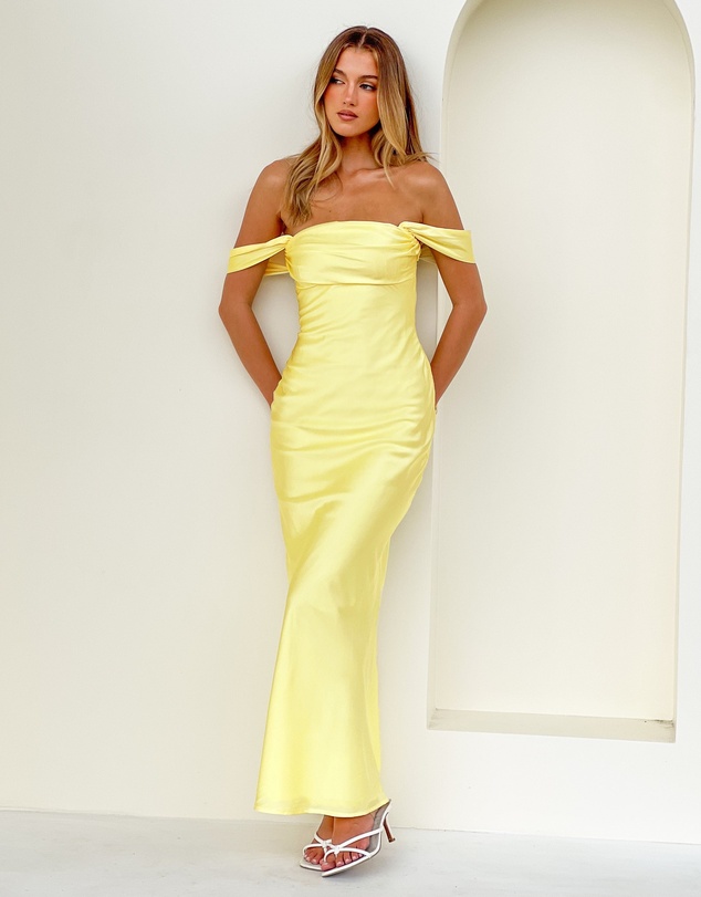 Beginning Boutique - Ella Light Yellow Off Shoulder Formal Maxi Dress