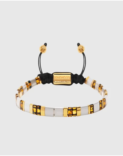 Nialaya Jewellery - Women's Bracelet with White, Marbled Amber and Gold Miyuki Tila Beads