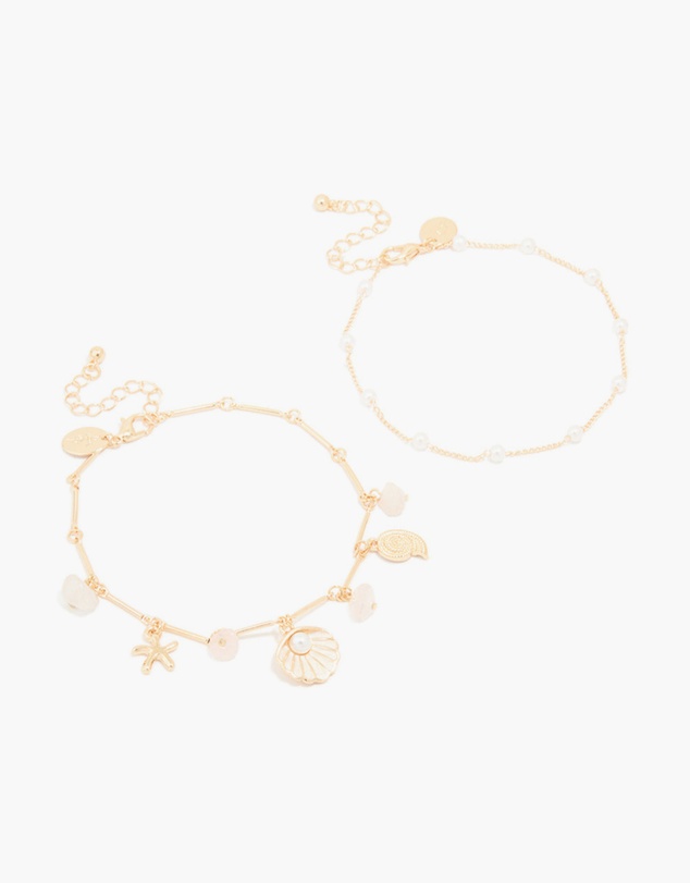 Lovisa - Gold Pearl & Shell Anklets 2-Pack