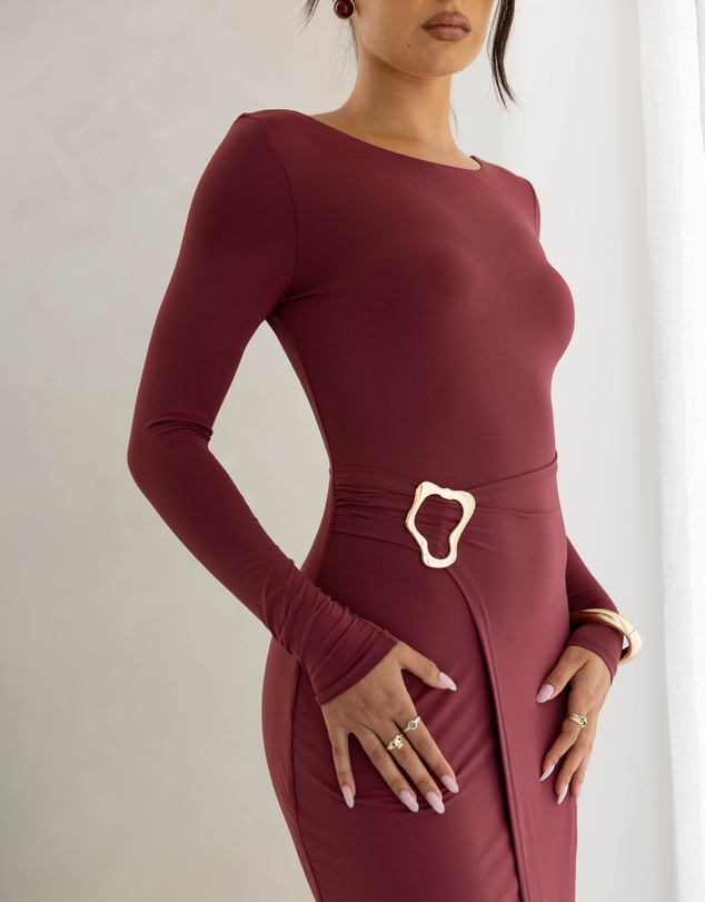 Beginning Boutique - Misaki Burgundy Long Sleeve Wrap Maxi Dress