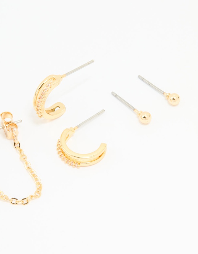 Lovisa - Gold Plated Brass Cubic Zirconia Heart & Chunky Huggie Earrings 4-Pack