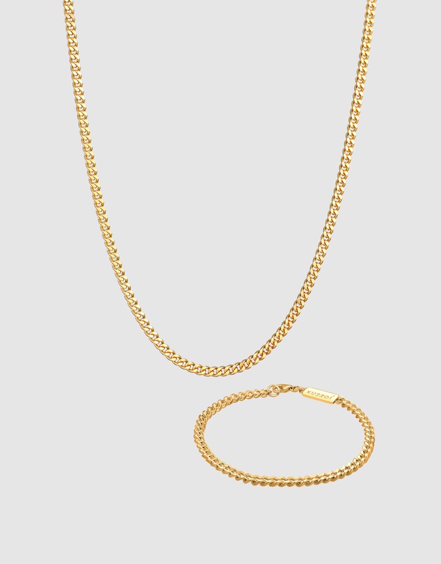 Kuzzoi - ICONIC EXCLUSIVE - Curb Chain Necklace and Bracelet Set in Gold-Plated 925 Sterling Silver