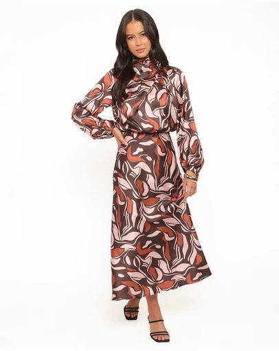 Petal & Pup - Demire Long Sleeve Midi Dress - Brown Multi