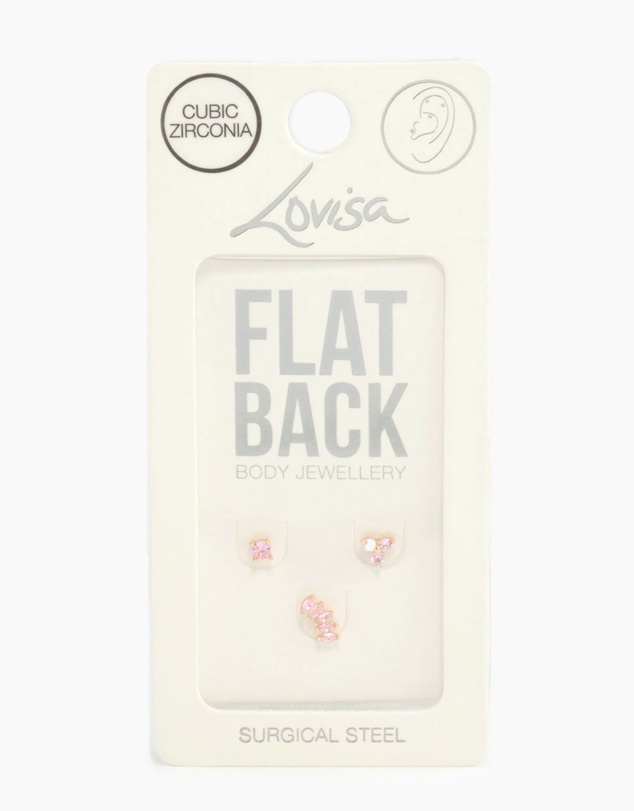 Lovisa - Gold Plated Surgical Steel Pink Cubic Zirconia Flower & Fan Flat Backs 3-Pack