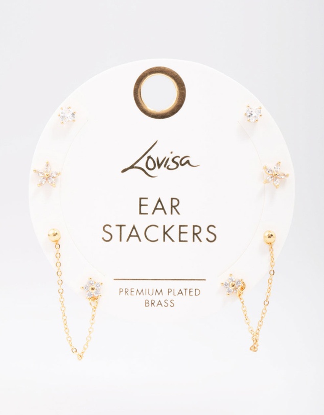 Lovisa - Gold Plated Brass Heart & Flower Chain Earring 4-Pack