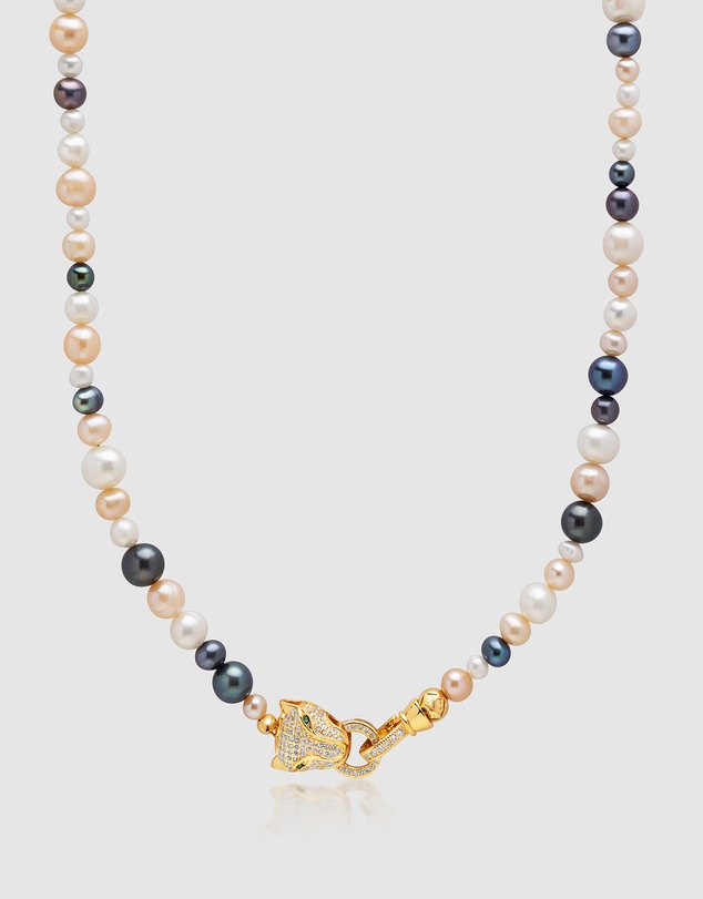 Nialaya Jewellery - Multi-Colored Pearl Necklace with Gold Plated Panther Head Lock