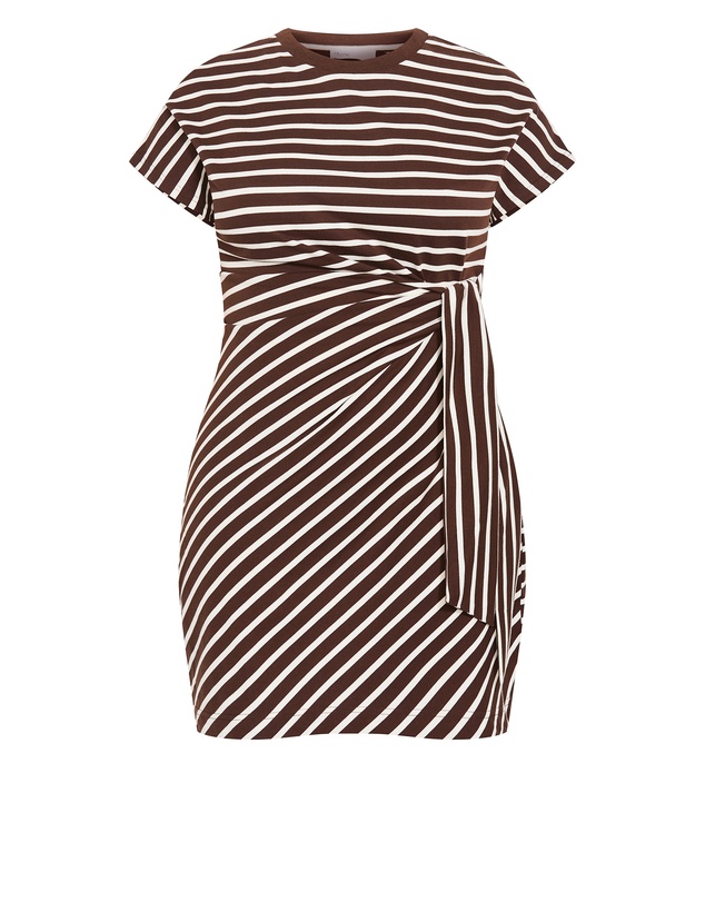 City Chic - Plus size Claire Stripe Side Tie Mini Dress - chocolate