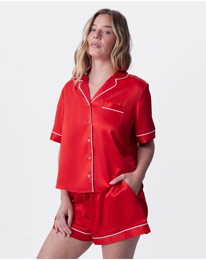 Bras N Things - Liquid Satin Short Sleeve - Red