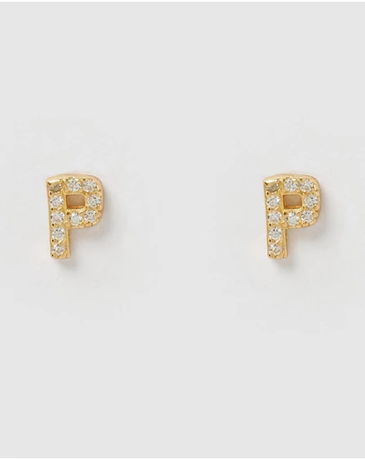 Izoa - Alphabet Mini Letter P Stud Earrings Gold