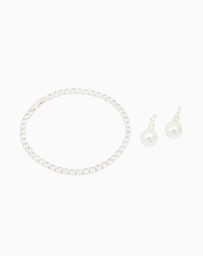 Lovisa - Silver Plated Cubic Zirconia Pearl Earrings & Tennis Bracelet Set