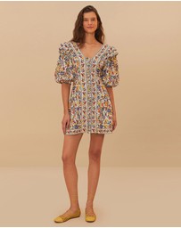 Farm Rio - Greek Garden Off-White Topstitched Yoke Mini Dress