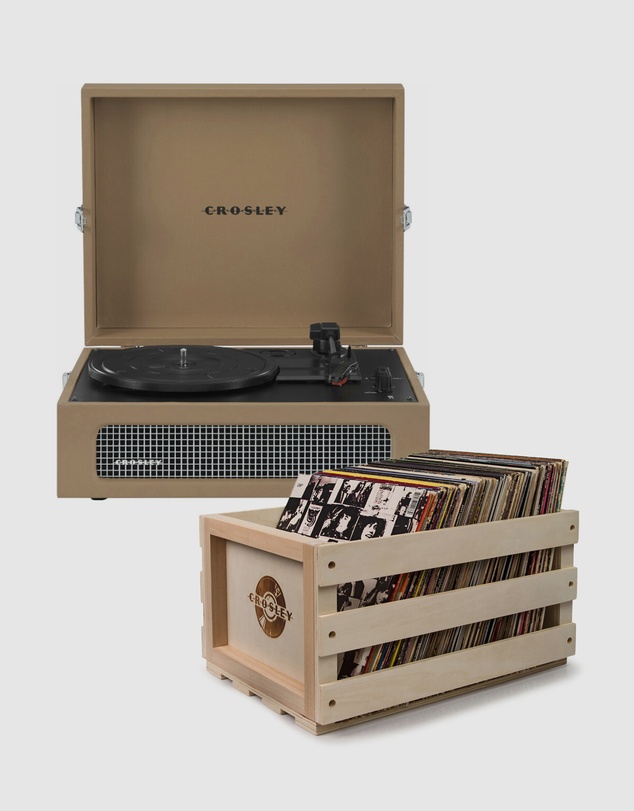 Crosley - Crosley Voyager Bluetooth Portable Turntable + Bundled Record Storage Crate - Tan