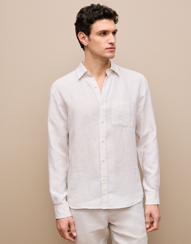 Trenery - Regular Fit Fine Stripe Linen Long Sleeve Shirt in White
