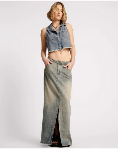 ONE TEASPOON - Dirty Blue Denim Column Skirt