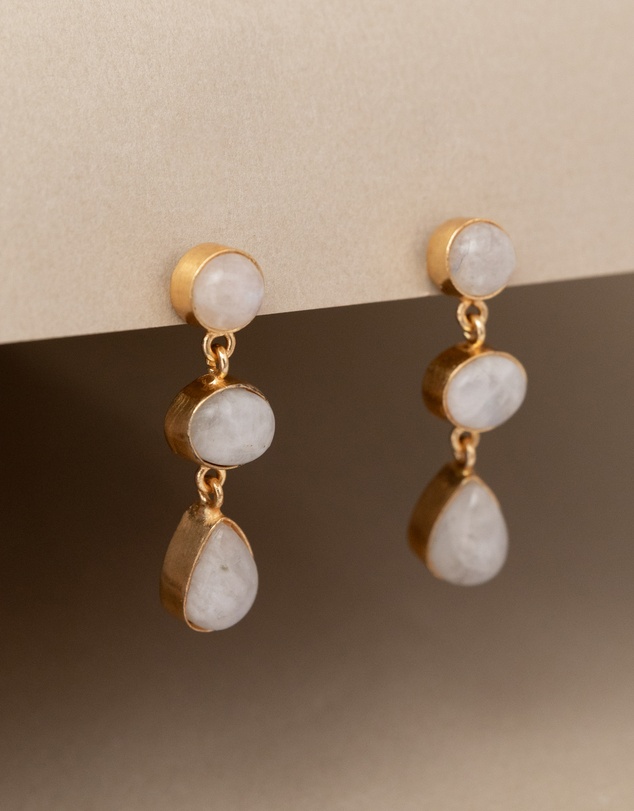 Meshca - 3 Stone Rainbow Moonstone Earrings
