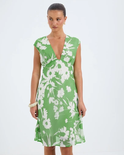 Calli - Fern Print V-Neck Midi Dress