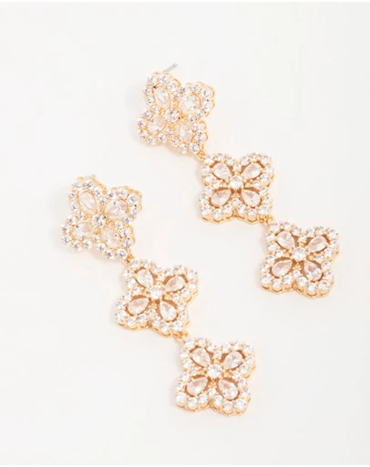 Lovisa - Gold Cubic Zirconia Triple Flower Drop Earrings