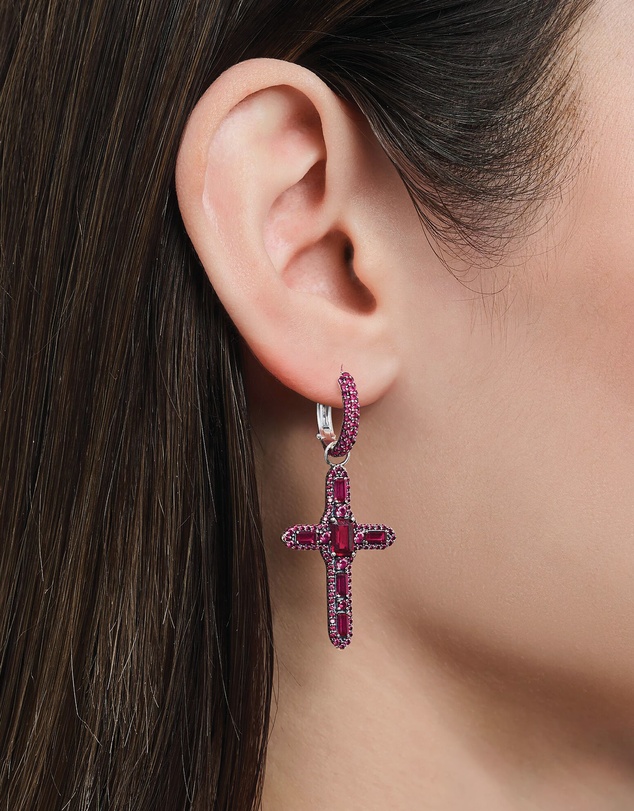THOMAS SABO - Single Cross hoop earring with ruby red stones