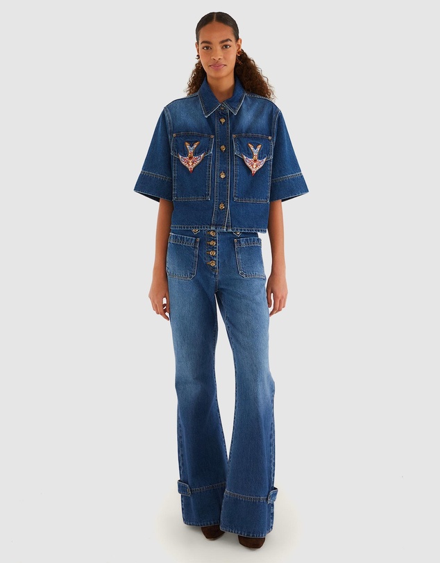 Farm Rio - Porcelain Birds Flare Denim Pants