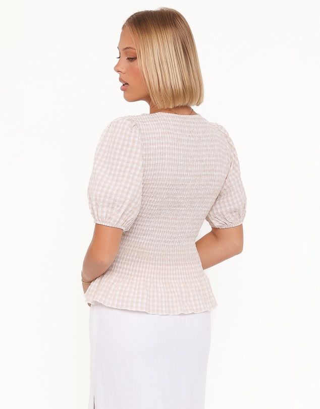 Petal & Pup - Callista Shirred Waist Top - Beige Gingham