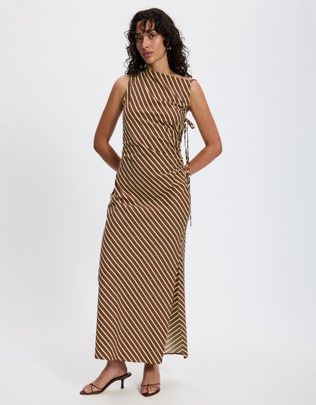 TOPSHOP - Topshop Ruched Side Gathered Shoulder Midi Dress In Brown Lime Stripe