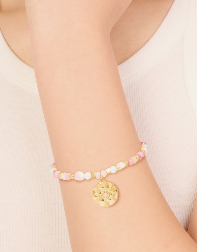 Lovisa - Waterproof Gold Plated Stainless Steel Rose Quartz Semi Precious Coin Bracelet