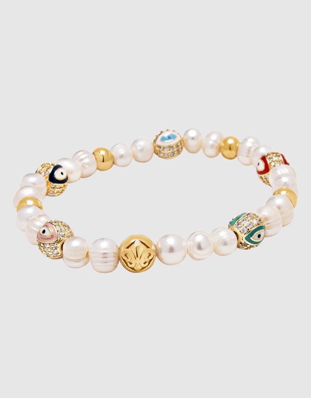 Nialaya Jewellery - Men's Evil Eye Pearl Bracelet