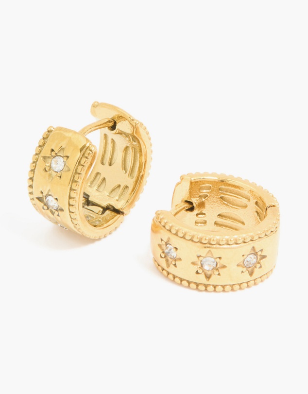 Lovisa - Waterproof Gold Plated Stainless Steel Cubic Zirconia Celestial Etched Hoop Earrings