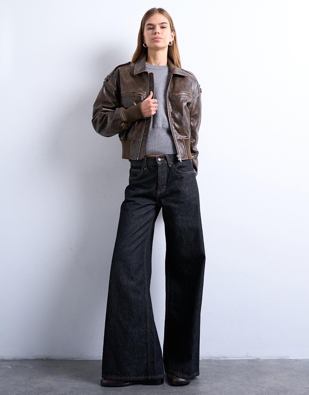 TOPSHOP - Faux Leather Ovoid Sleeve Bomber Jacket