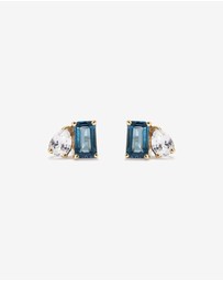 Michael Hill - Pear-Cut White Sapphire and Emerald-Cut London Blue Topaz Toi Et Moi  Earrings in 10kt Yellow Gold