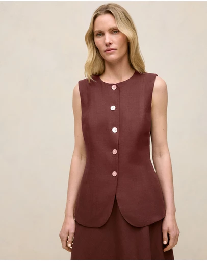 Trenery - Delave Linen Button Through Vest in Espresso