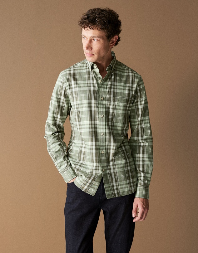 Trenery - Regular Fit Supima Cotton Tonal Check Shirt in True Olive