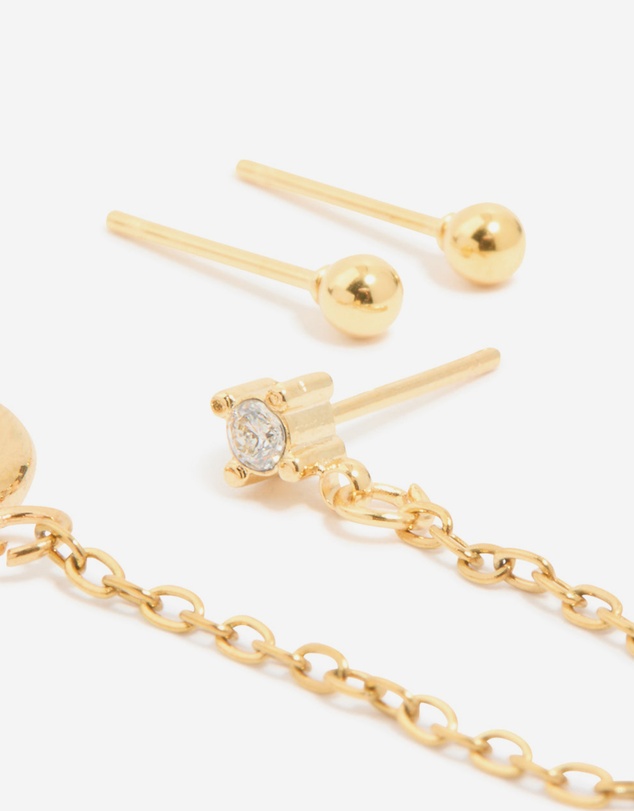 Lovisa - Waterproof Gold Plated Stainless Steel Diamante Stud & Chain Earrings 3-Pack