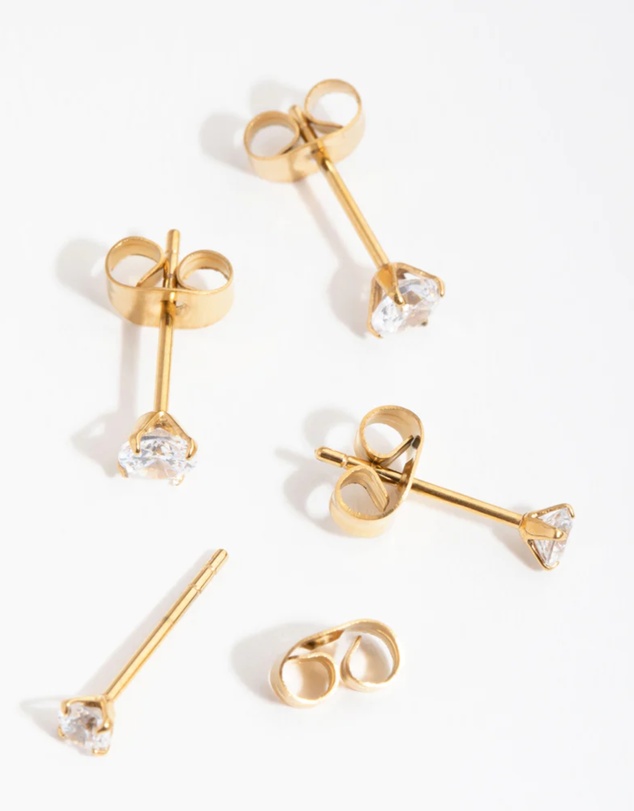 Lovisa - 24 Carat Gold Plated Surgical Steel Round Cubic Zirconia Pack Stud Earrings