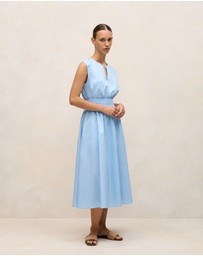 Trenery - Cotton Sateen Shirred Waist Dress in Blue Marble