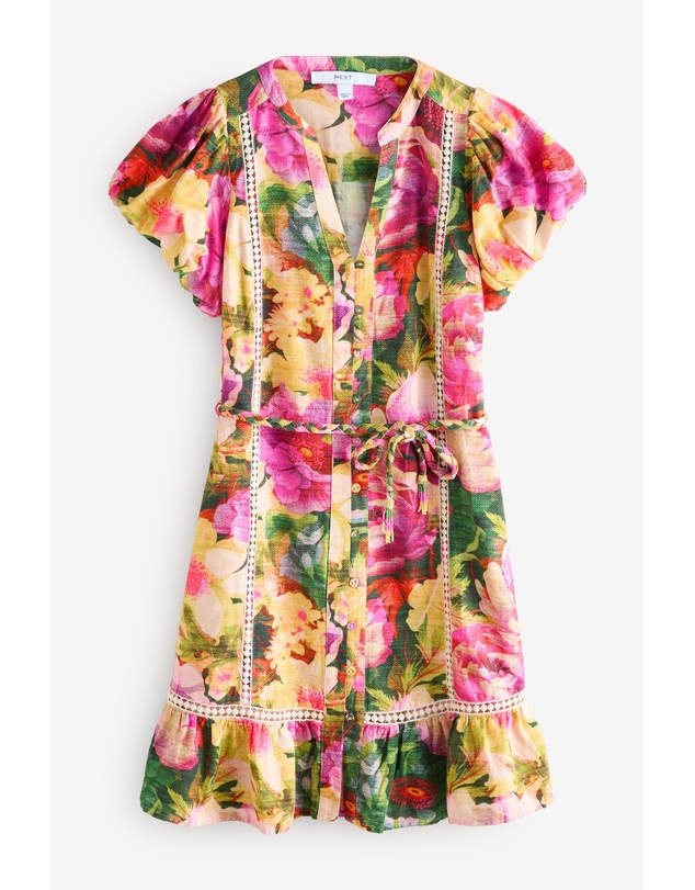 NEXT - Button Through Lace Insert Mini Dress With Linen