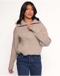 Petal & Pup - Anais Quarter Zip Knit Sweater - Beige
