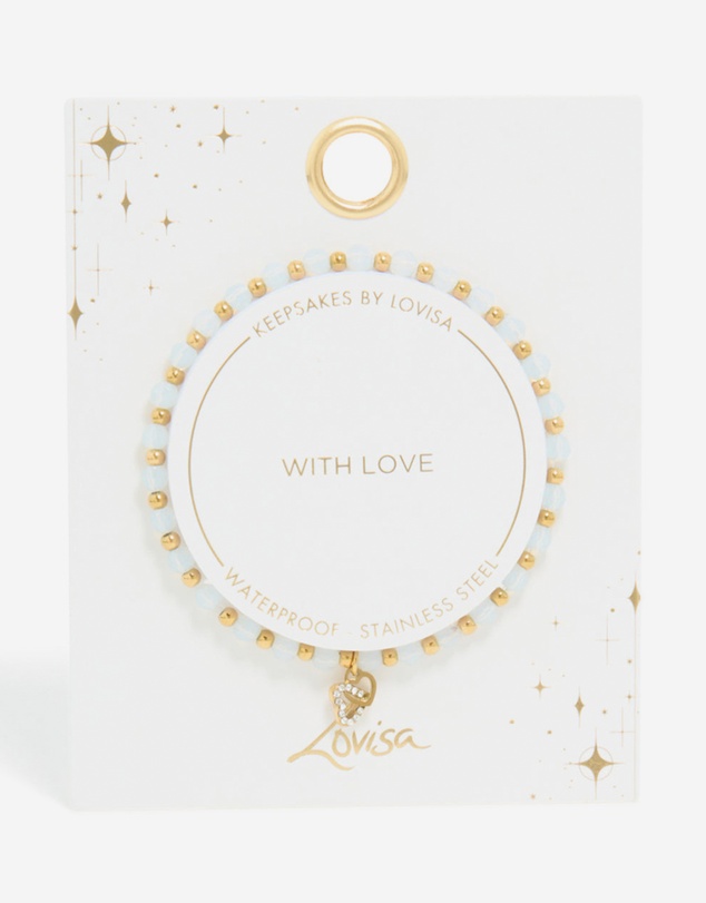 Lovisa - Waterproof Gold Plated Stainless Steel Clear Quartz Semi Precious Stone Heart Link Stretch Bracelet