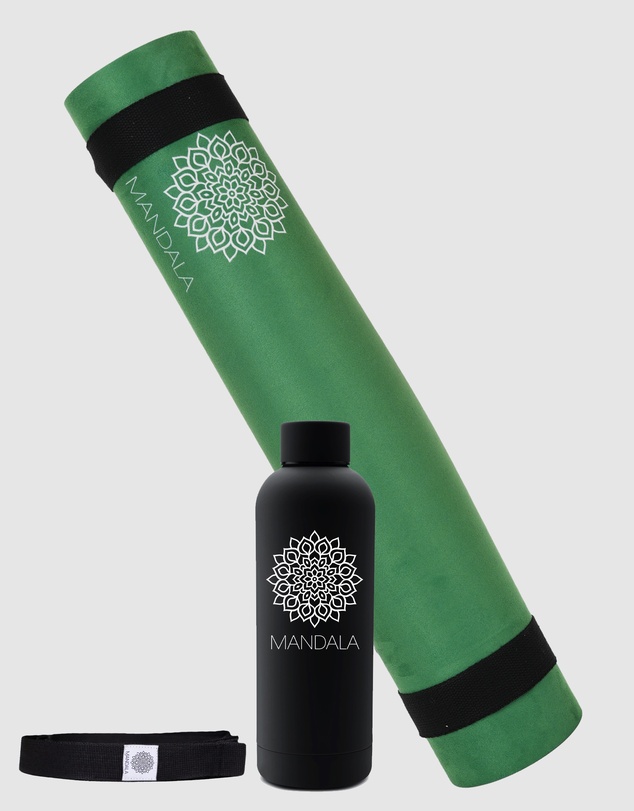 Mandala - Mandala Yoga Mat Premium Bundle, Includes Yoga Mat 188cm H x 61cm W, Yoga Strap & Steel Hydration Bottle - Jade Green