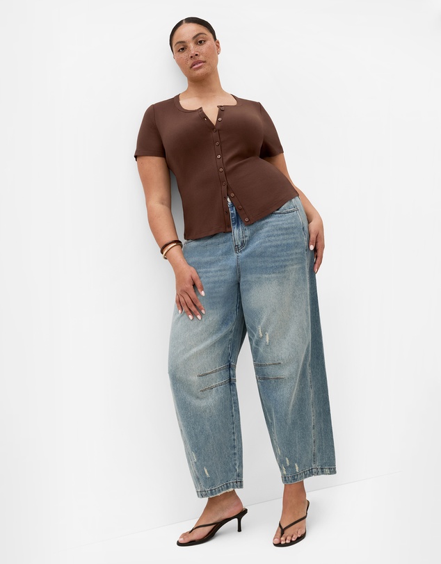 City Chic - Plus size Button Through Short Sleeve Top - chocolate