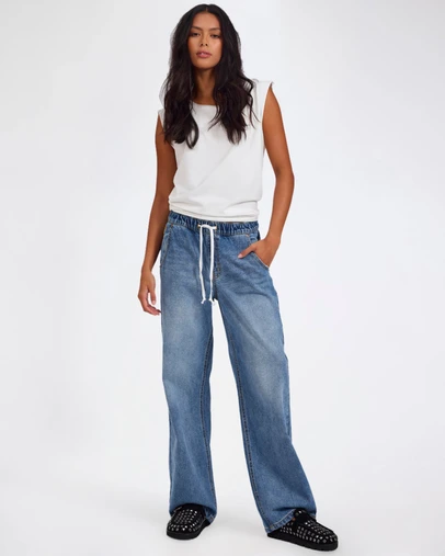 ONE TEASPOON - Roadhouse Mid Waist Wide Leg Drawstring Denim Jean - Hoodlum Blue
