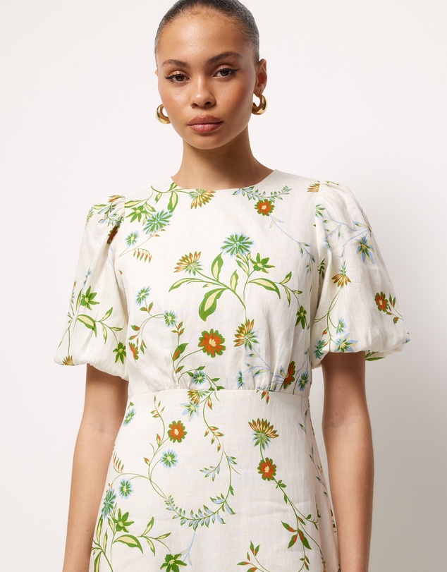 AERE - Clea Linen Puff Sleeve Midi Dress
