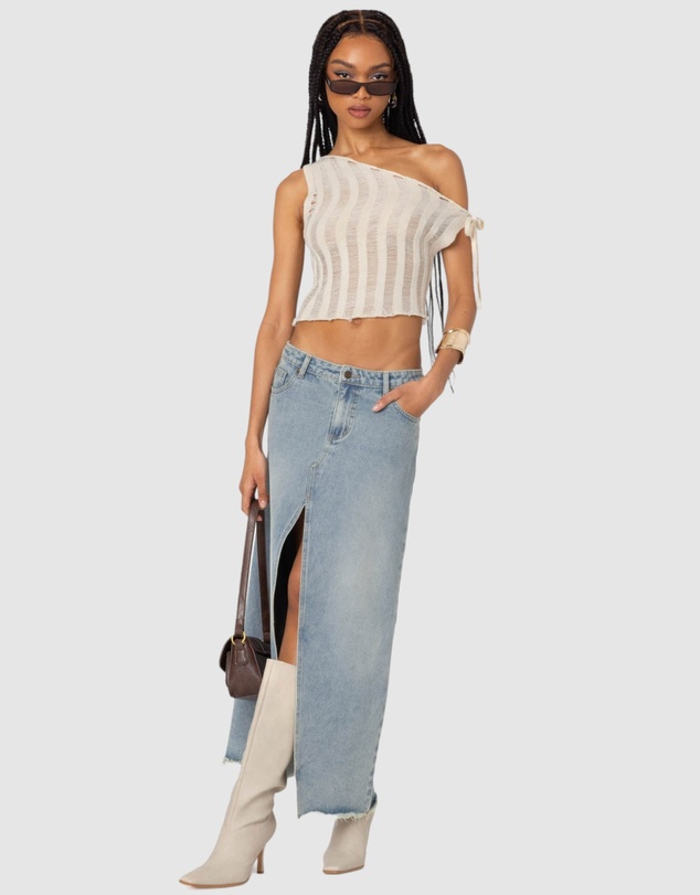 EDIKTED - Tamra Sheer Knit Asymmetric Top